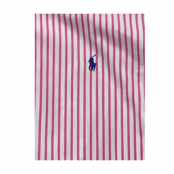 Pink and white striped shirt with a blue logo on a white background
