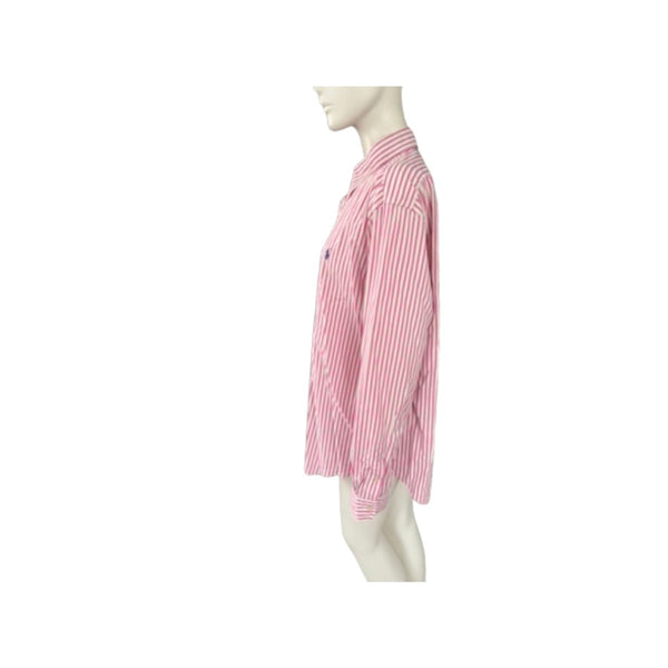 Mannequin wearing a pink and white striped shirt on a white background