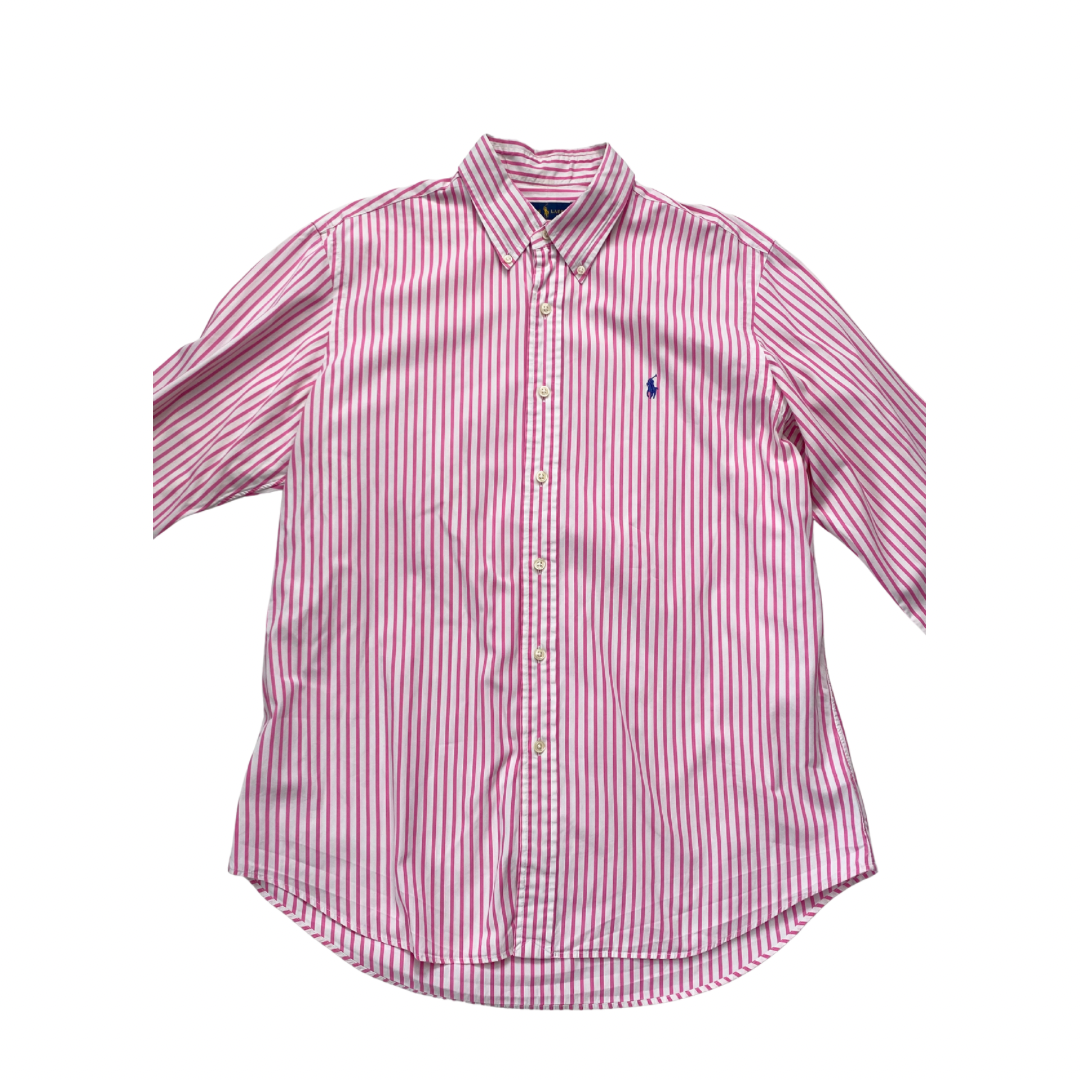 Pink and white striped shirt with a brand logo on a white background