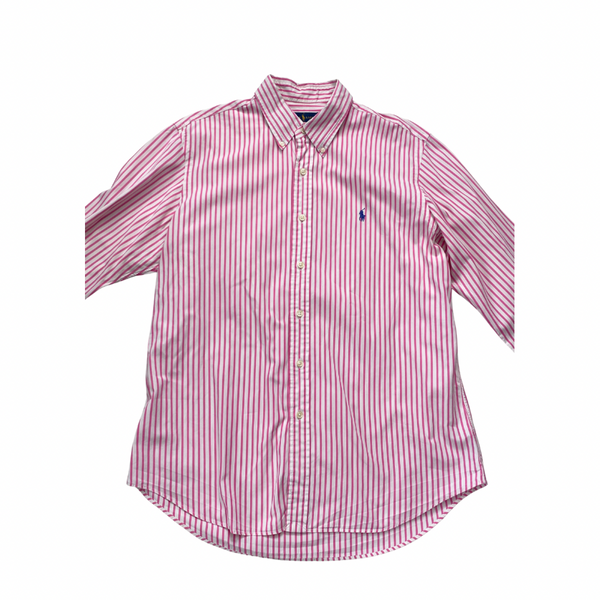Pink and white striped shirt with a brand logo on a white background