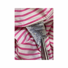 Close-up of a pink and white striped garment with a label.