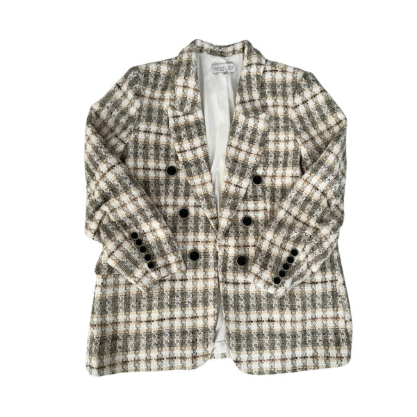 Plaid blazer with black buttons on a white background