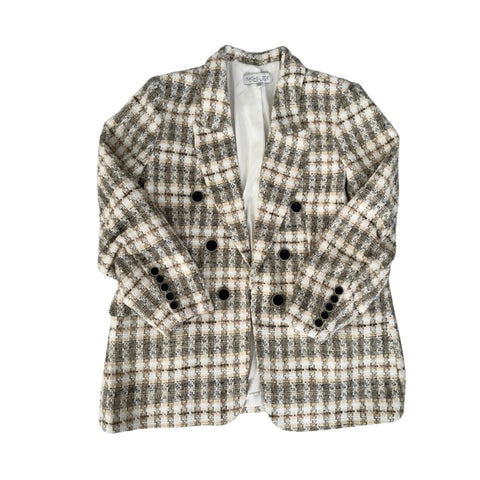 Plaid blazer with black buttons on a white background
