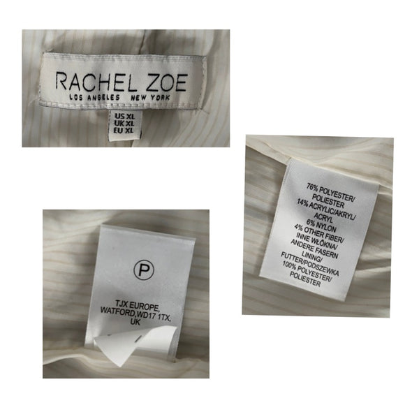 Close-up of fabric labels with 'Rachel Zoe' branding and material information.