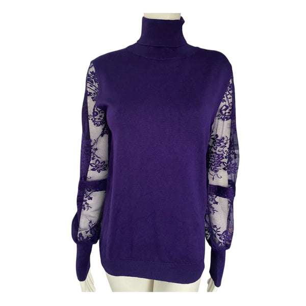 Purple turtleneck sweater with sheer sleeves featuring floral patterns on a white background