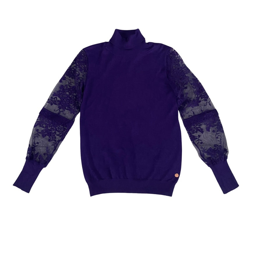 Purple turtleneck sweater with camouflage sleeves on a white background