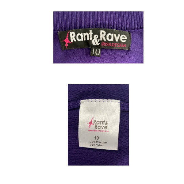 Close-up of Rant & Rave clothing labels on a purple fabric background