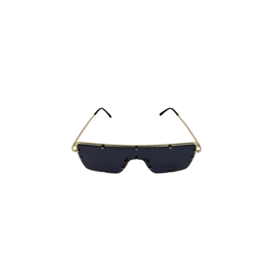 Black sunglasses with gold frame on a white background