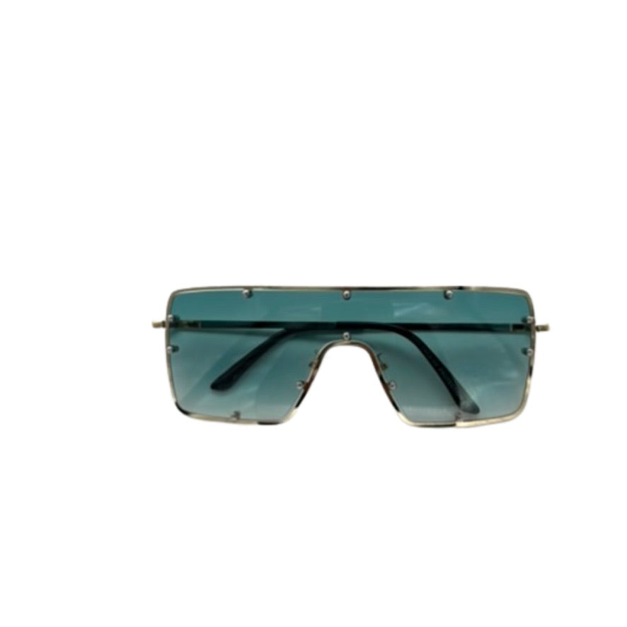 Teal sunglasses with a white background