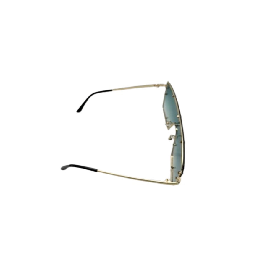 Sunglasses with gold frame and reflective lenses on a white background