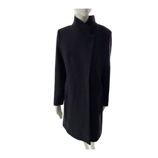 Navy coat on a mannequin against a white background