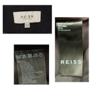 Collage of Reiss label details on a garment with brand name, material information, and care instructions.