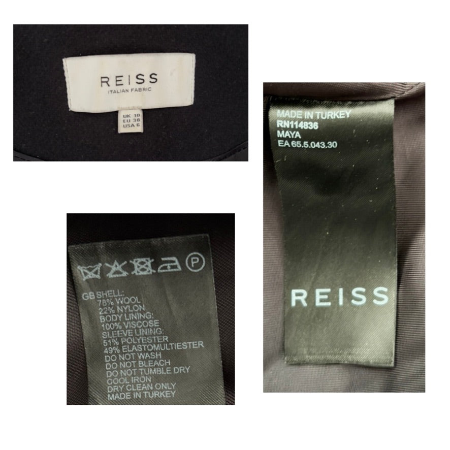 Collage of Reiss label details on a garment with brand name, material information, and care instructions.