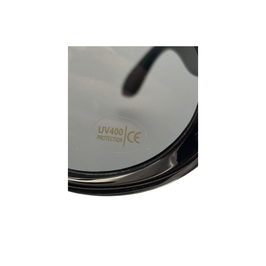 Close-up of sunglasses with UV400 and CE labels on a white background