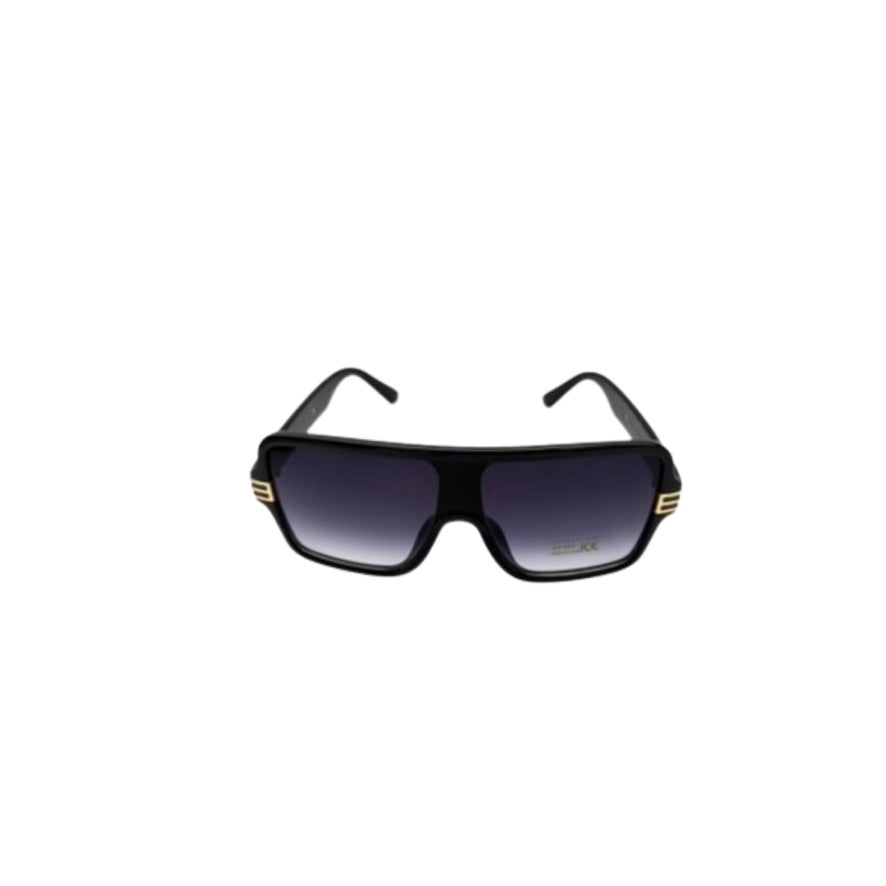 Black sunglasses with gold accents on a white background