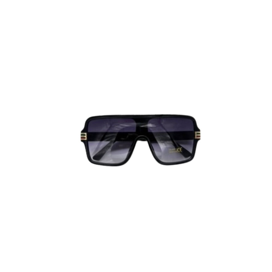 Sunglasses with a black frame and dark lenses on a white background