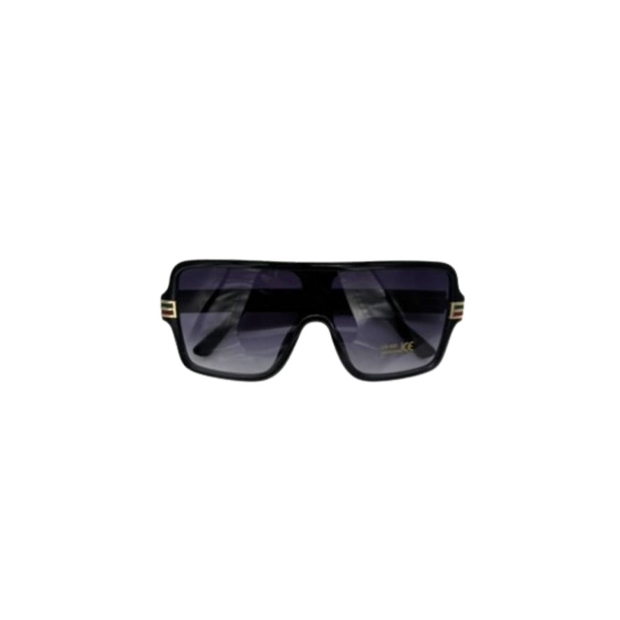 Black sunglasses with gold accents on a white background