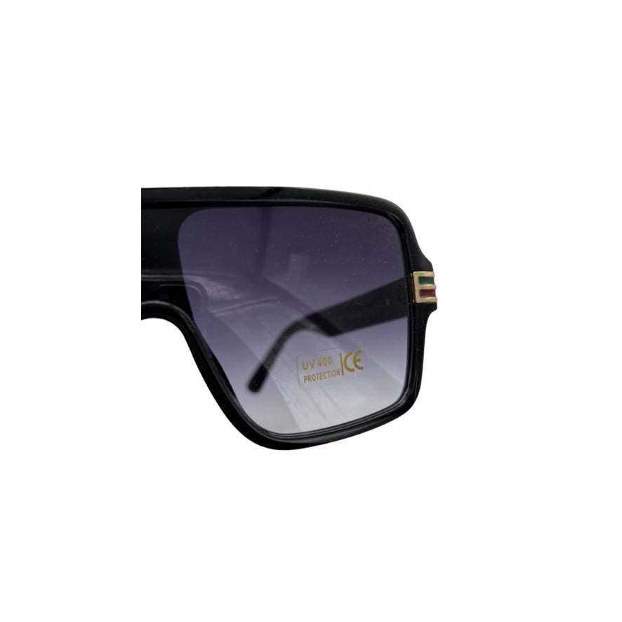 Black sunglasses with a reflective lens on a white background