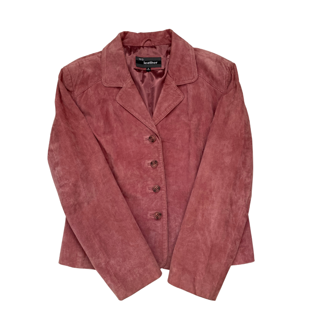  Dark pink suede jacket with button front, size UK 16 / EU 44, laid flat.