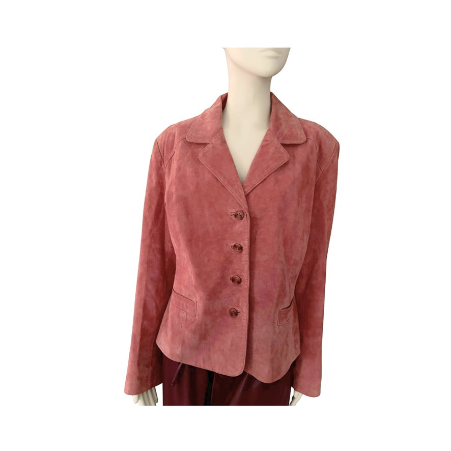 Pink suede jacket on a mannequin against a white background