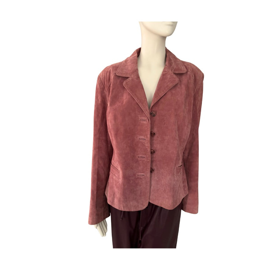 Mannequin wearing a dark pink suede jacket on a white background