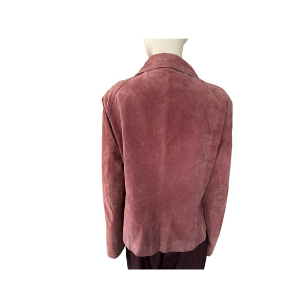 Pink suede jacket on a mannequin against a white background