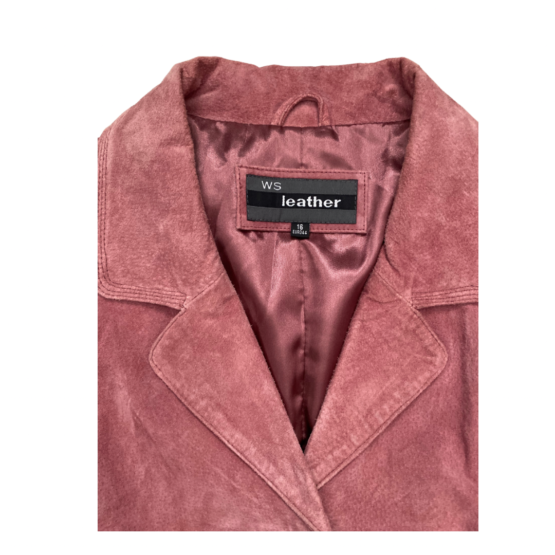 Pink suede jacket with a label on a white background