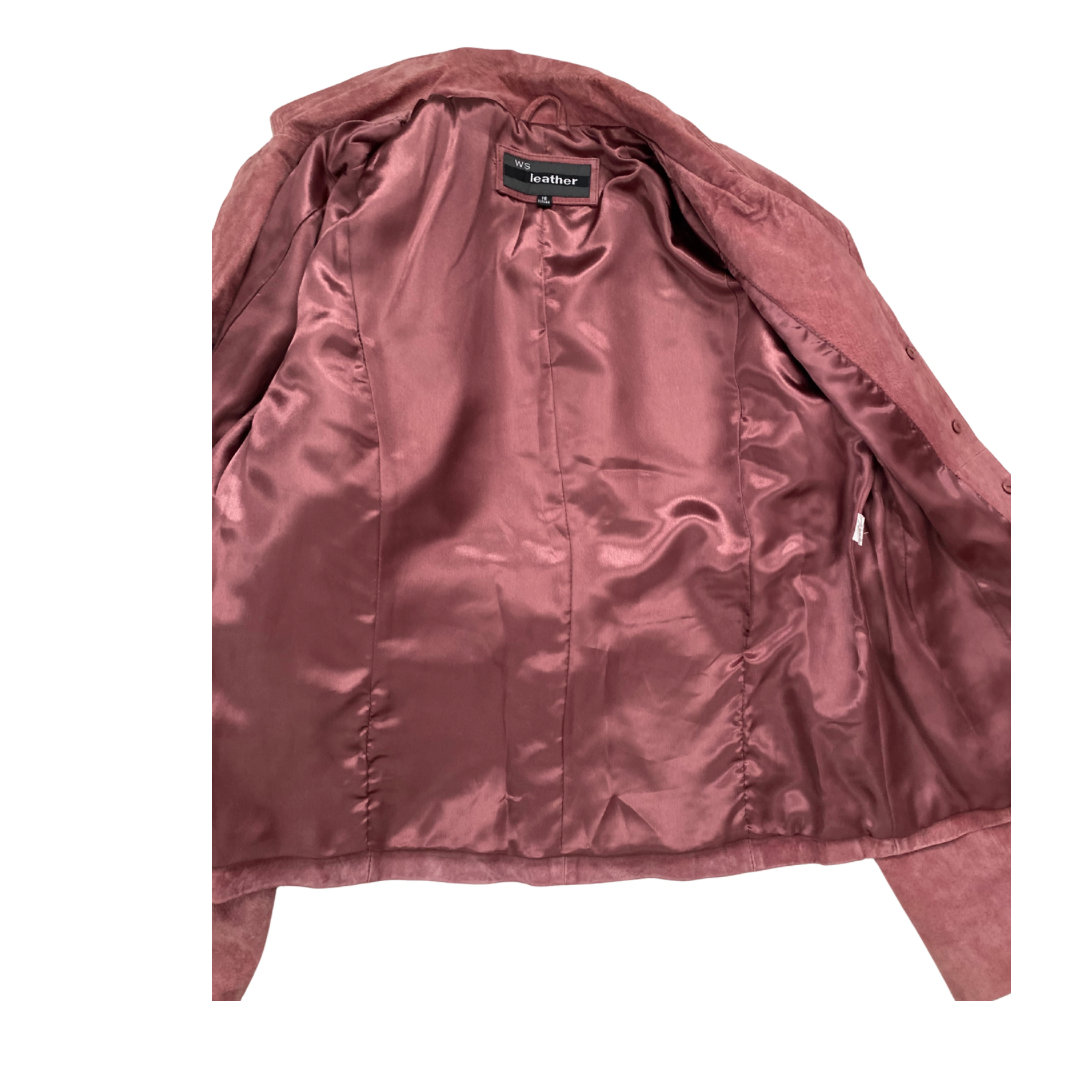 Dark pink jacket lining with a brand label on a white background