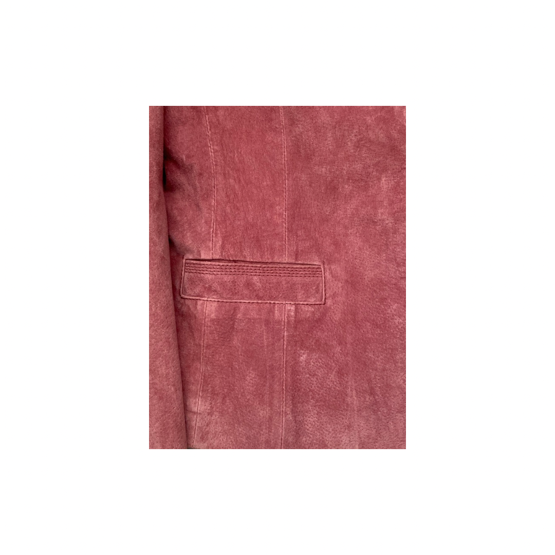 Close-up of a dark pink pocket on a jacket with a white background