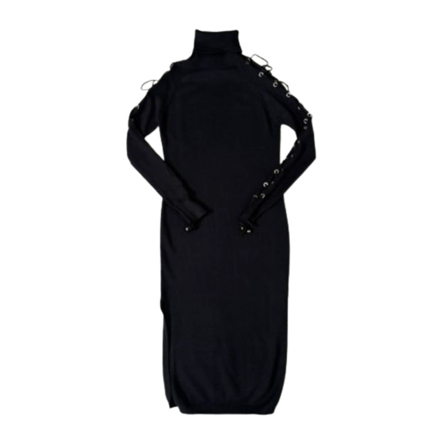 Black dress with long sleeves and decorative elements on a white background