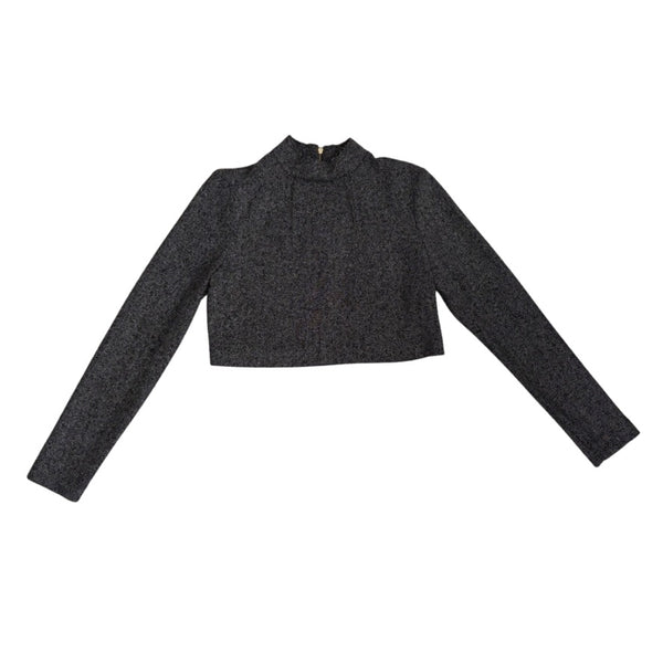 Dark gray long-sleeve crop top on a white background