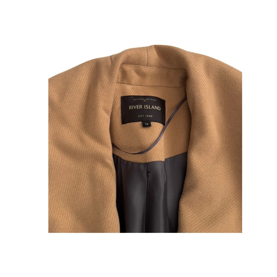 Tan coat with a visible River Island label on a white background