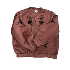 Brown jacket with black floral embroidery on a white background