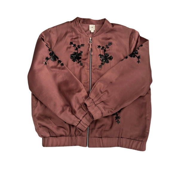 Brown jacket with black floral embroidery on a white background