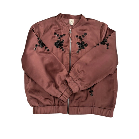 Brown jacket with black floral embroidery on a white background
