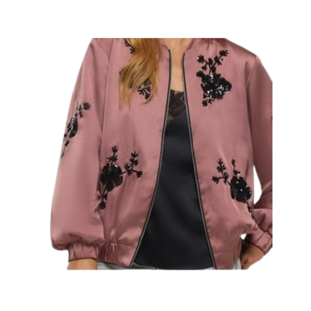 Pink bomber jacket with black floral embroidery on a white background