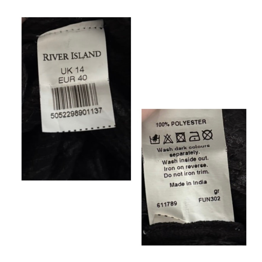 Clothing labels from River Island with size and care instructions.