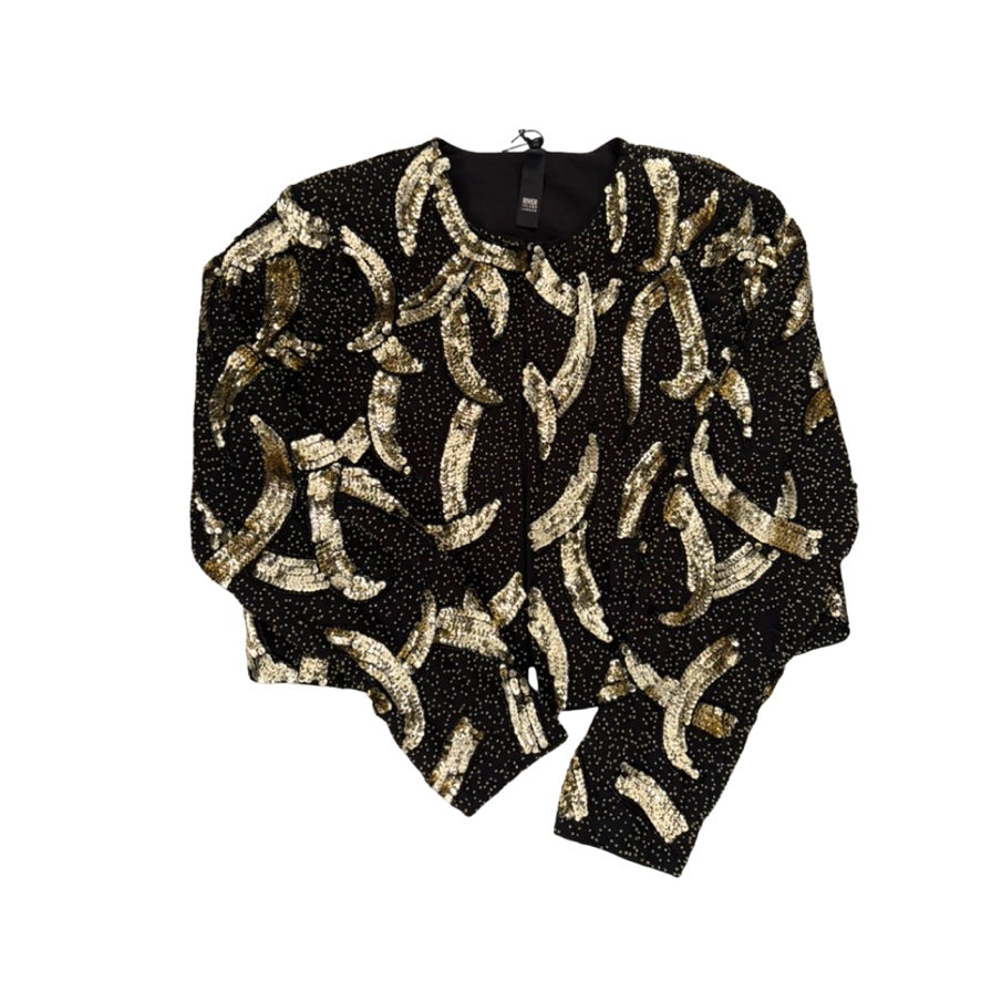 Black jacket with gold sequin patterns on a white background