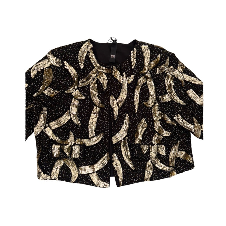 Black top with gold sequin patterns on a white background