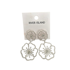 Silver floral earrings on a River Island branded card against a white background