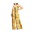 Yellow sequin strapless jumpsuit worn by a model on a white background