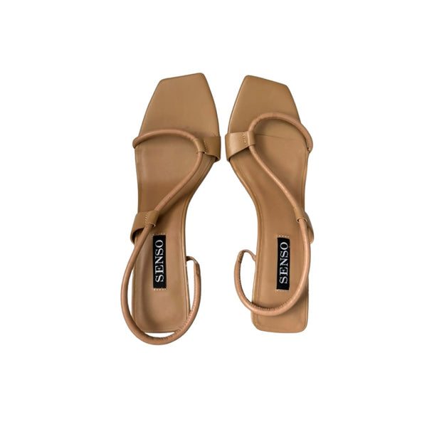 Pair of tan high-heeled shoes with 'Senso' branding on a white background