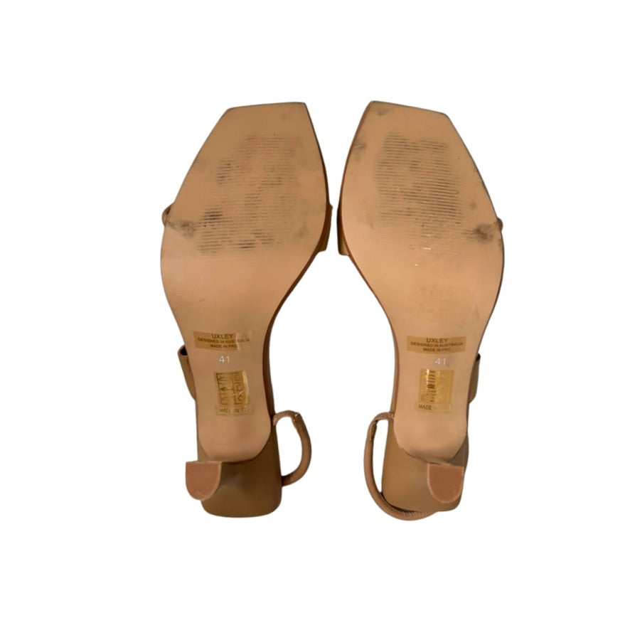 Pair of brown high-heeled shoes on a white background