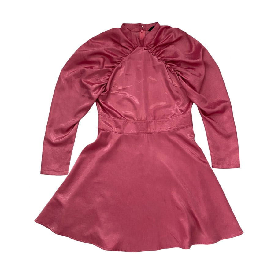 Pink satin dress with long sleeves on a white background