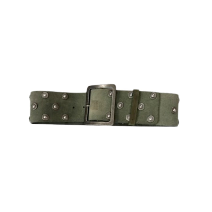 Green belt with silver studs and buckle on a white background