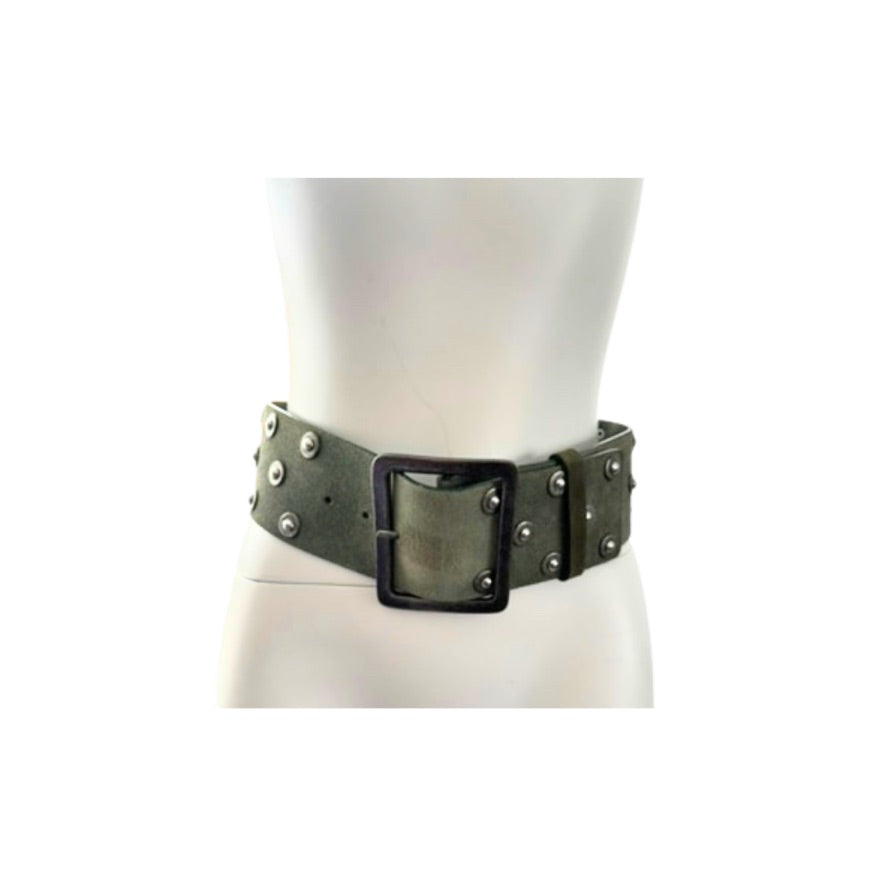 Green belt with studded details on a mannequin against a white background