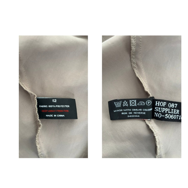 Two views of a fabric tag on beige material with text and symbols.