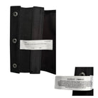 Black corset belt fastening with visible brand label on a white background