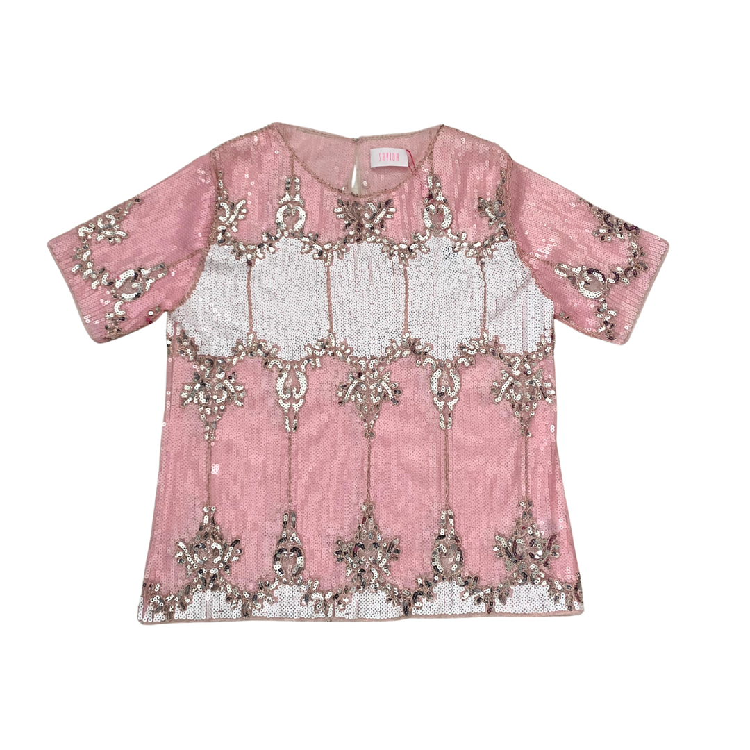 Pink top with silver embroidery on a white background