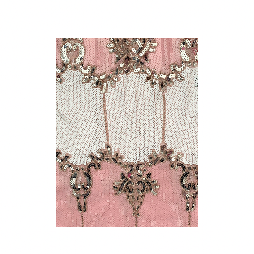 Decorative sequin fabric with pink and white background